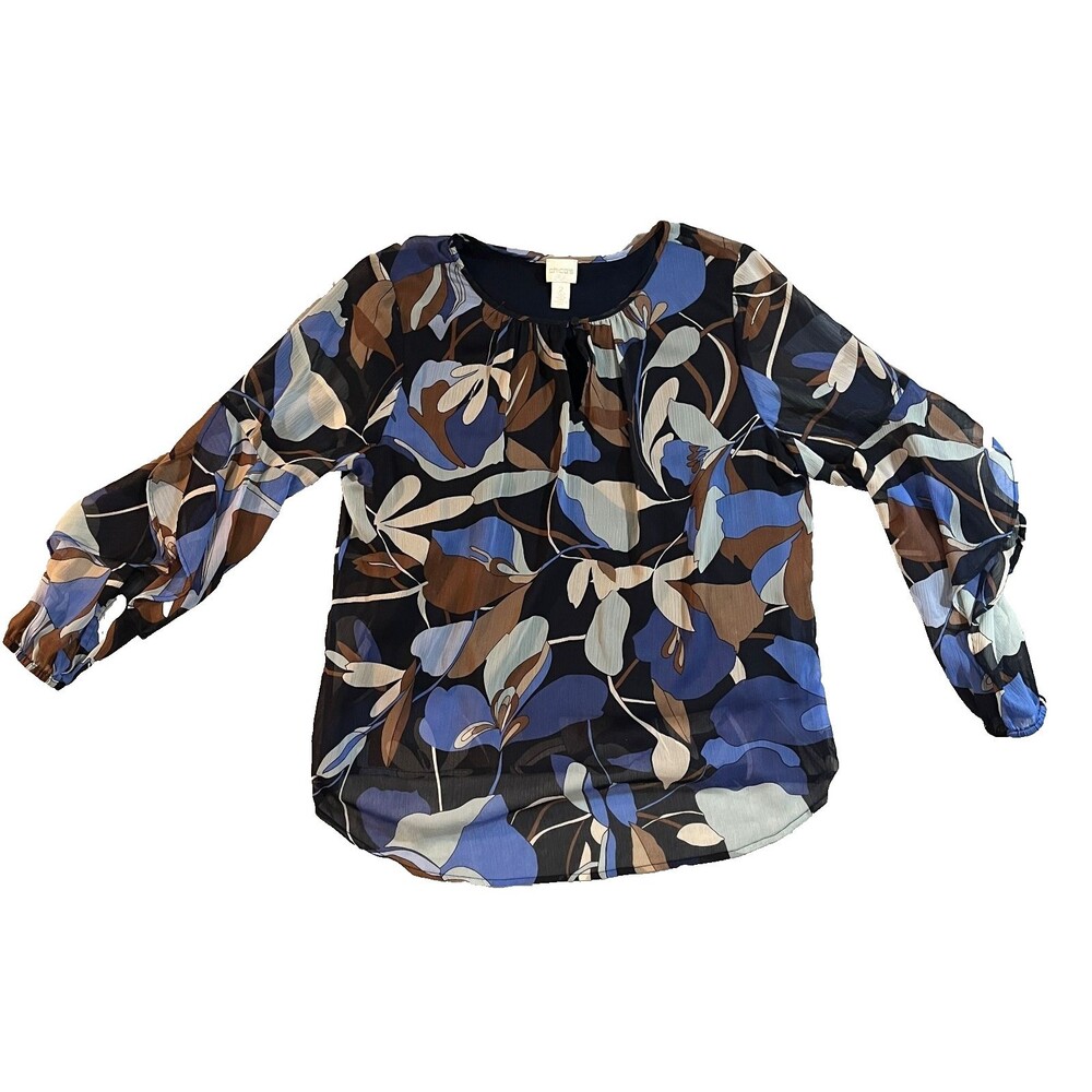 Chico's Peasant Top Size 2 Boho Abstract Floral Cottagecore Whimsigoth Sheer Y2K